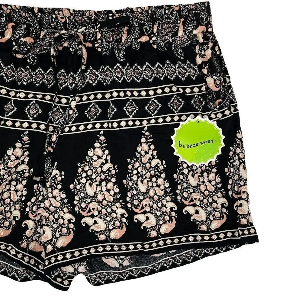 Breeze Ever Loose High Waisted Boho Paisley Print Rayon Shorts Black Large - Picture 3 of 5